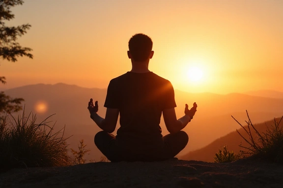 Hombre meditando en una postura de yoga al amanecer.