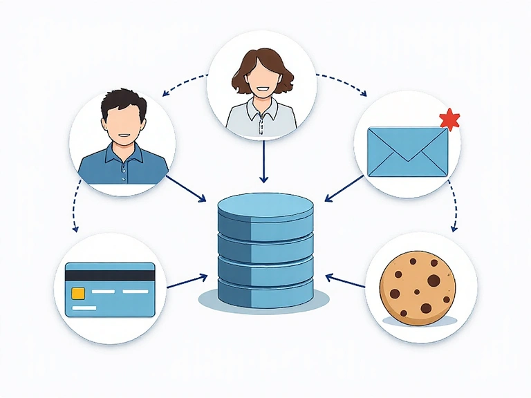 Ilustración de recolección de datos con iconos de información y usuarios